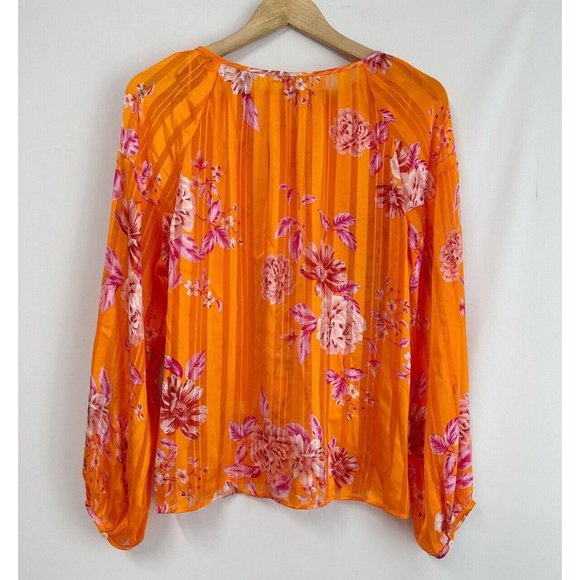 Vince Camuto Womens Rio Gardens Floral Keyhole Neck Sheer Top Sunset Orange - Picture 4 of 8